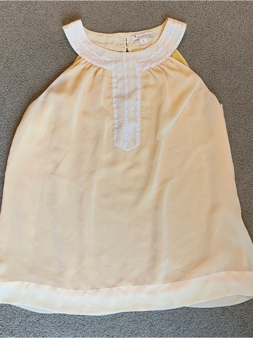Twenty One Pale Yellow Embroidered Halter Top Sheer Flowy Tank Top L